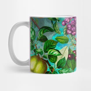 Vibrant tropical floral leaves and fruits floral illustration, botanical pattern, Turquoise Blue fruit pattern over a Mug